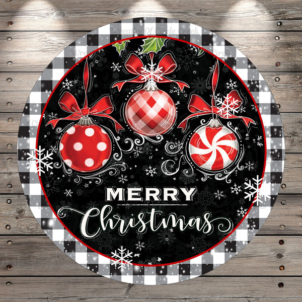 Christmas Ornaments, Merry Christmas, Black and White Plaid, Wreath Sign, No Holes, Round UV Coated, Metal