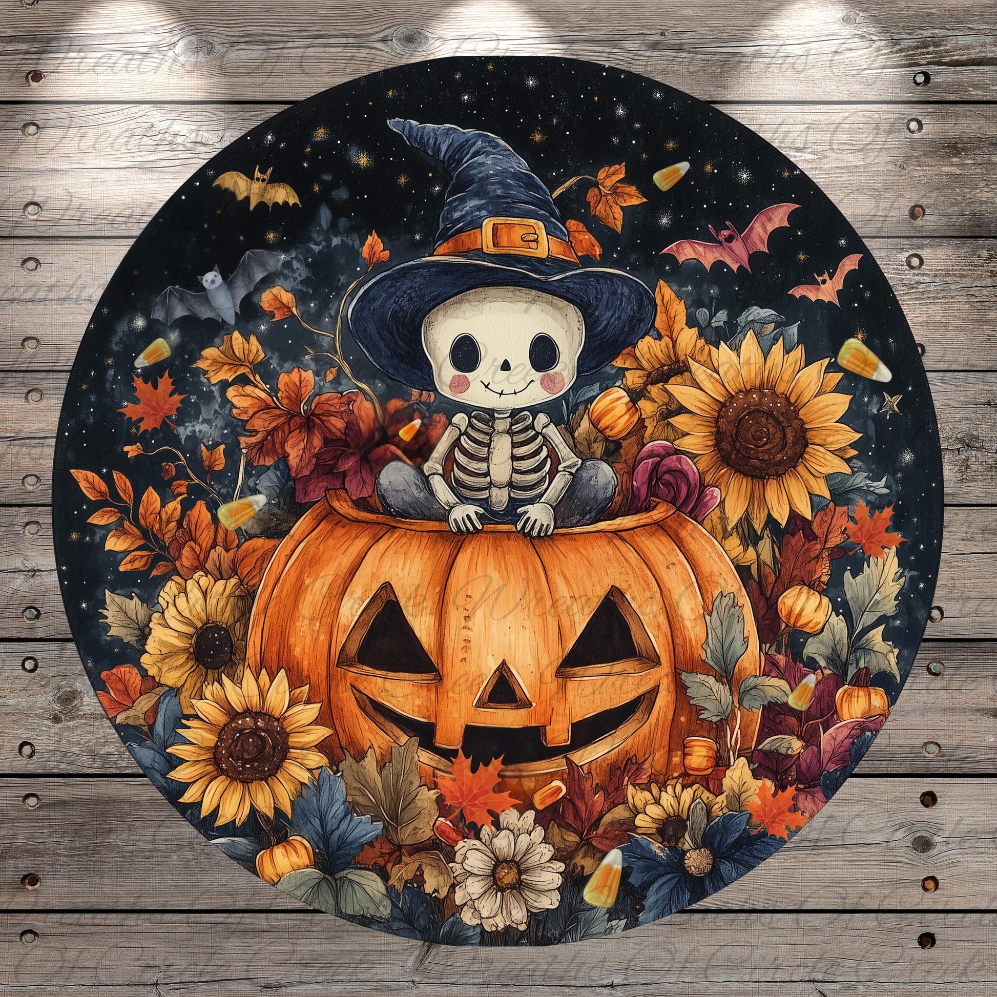 A whimsical illustration depicting a skeleton wearing a witch's hat sitting atop a carved pumpkin, surrounded by autumn leaves, sunflowers, and bats against a starry night sky background.
