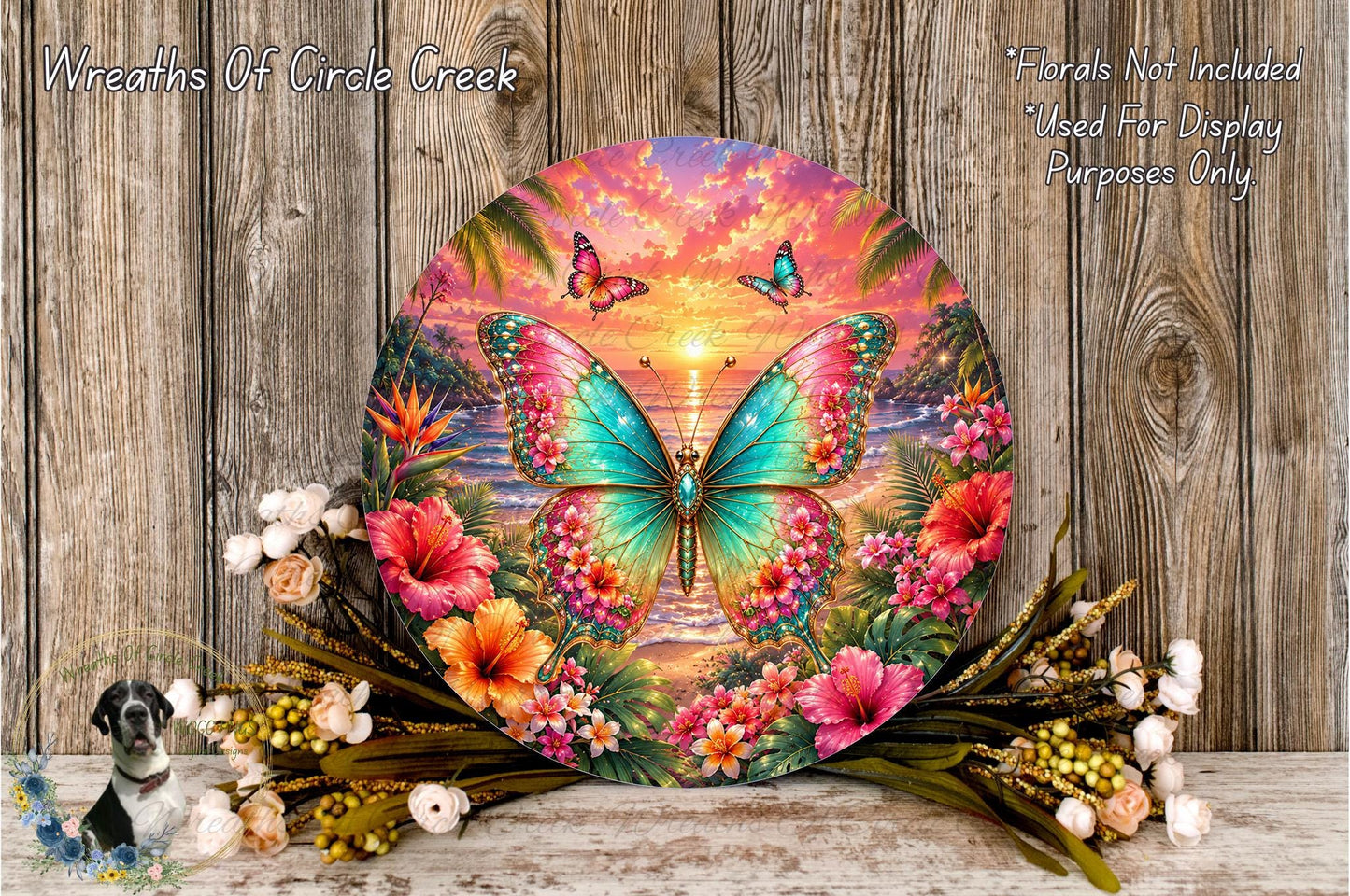 a vibrant, colorful butterfly surrounded by a lush, tropical floral arrangement. The butterfly is the central focus of the image, with a sunset and palm trees in the background. The arrangement includes various flowers and foliage, creating a visually appealing and harmonious composition.
