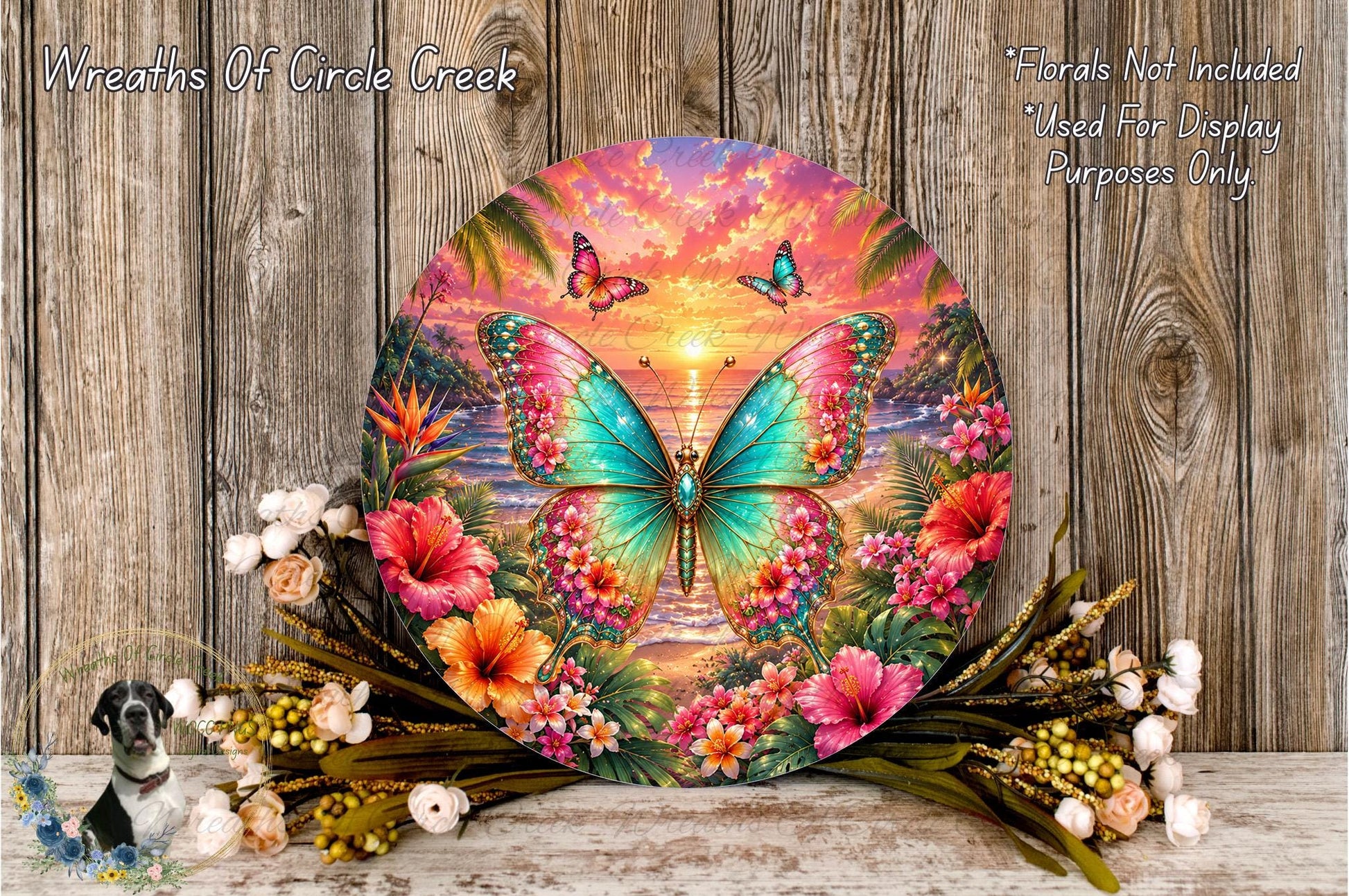 a vibrant, colorful butterfly surrounded by a lush, tropical floral arrangement. The butterfly is the central focus of the image, with a sunset and palm trees in the background. The arrangement includes various flowers and foliage, creating a visually appealing and harmonious composition.