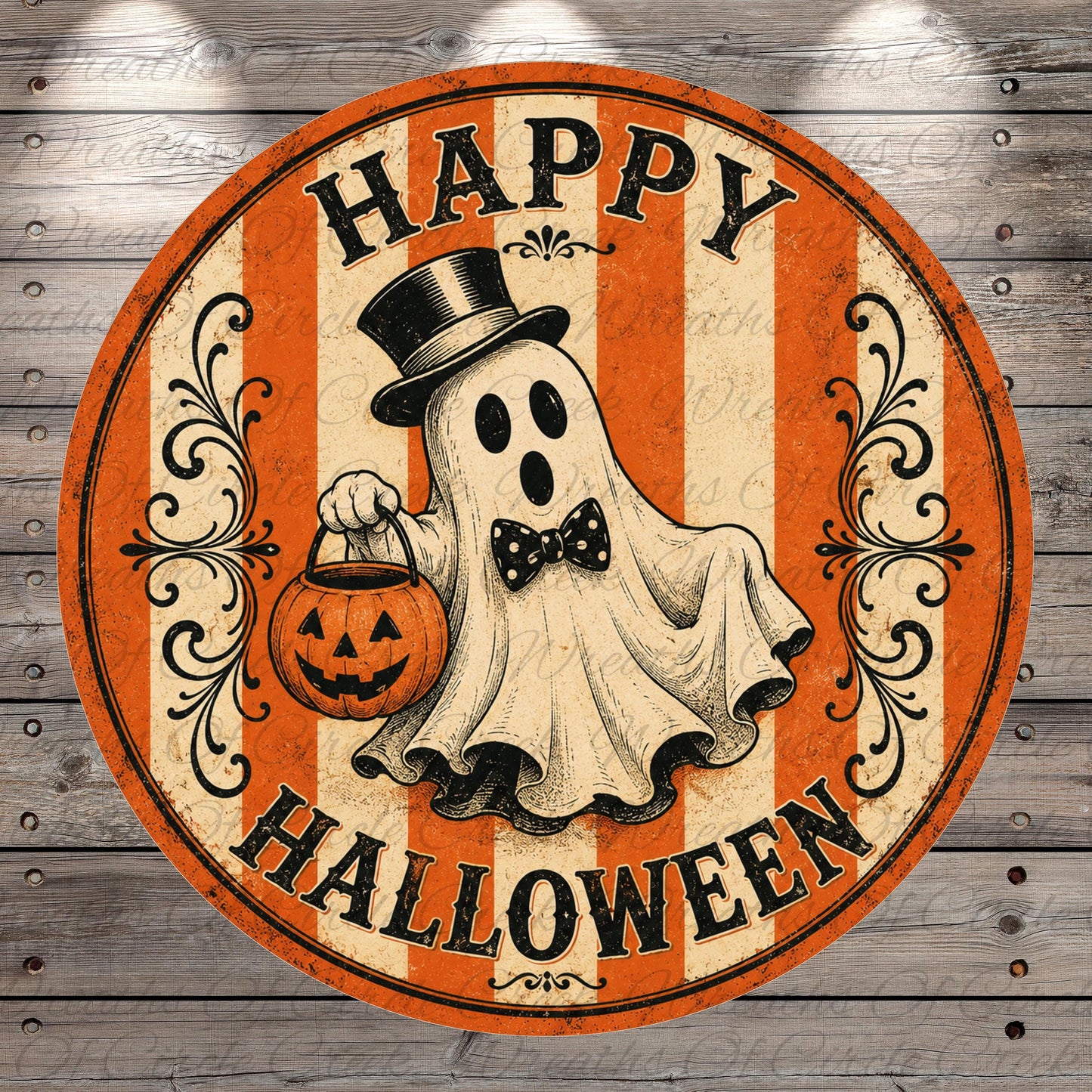 A circular Halloween-themed sign featuring a ghost character holding a carved jack-o-lantern and the text "Happy Halloween".