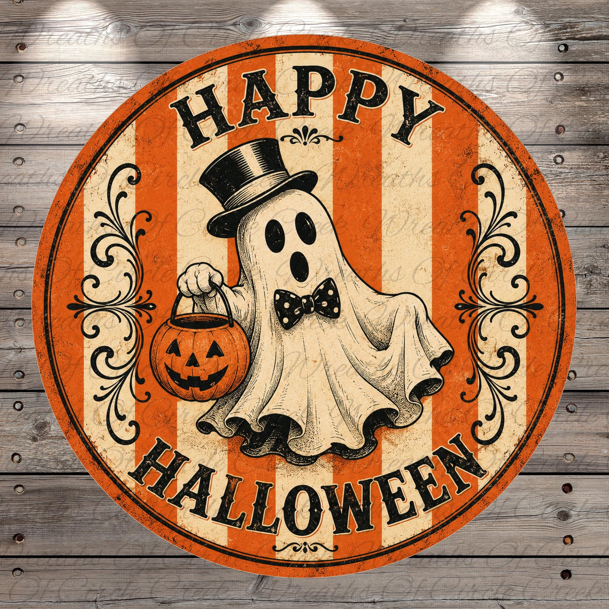 A circular Halloween-themed sign featuring a ghost character holding a carved jack-o-lantern and the text "Happy Halloween".