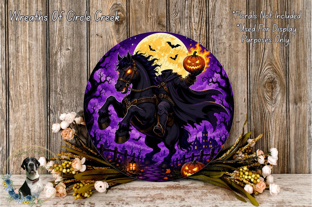 a Halloween-themed wreath with a black horse holding a jack-o-lantern, surrounded by flowers and a wooden background.