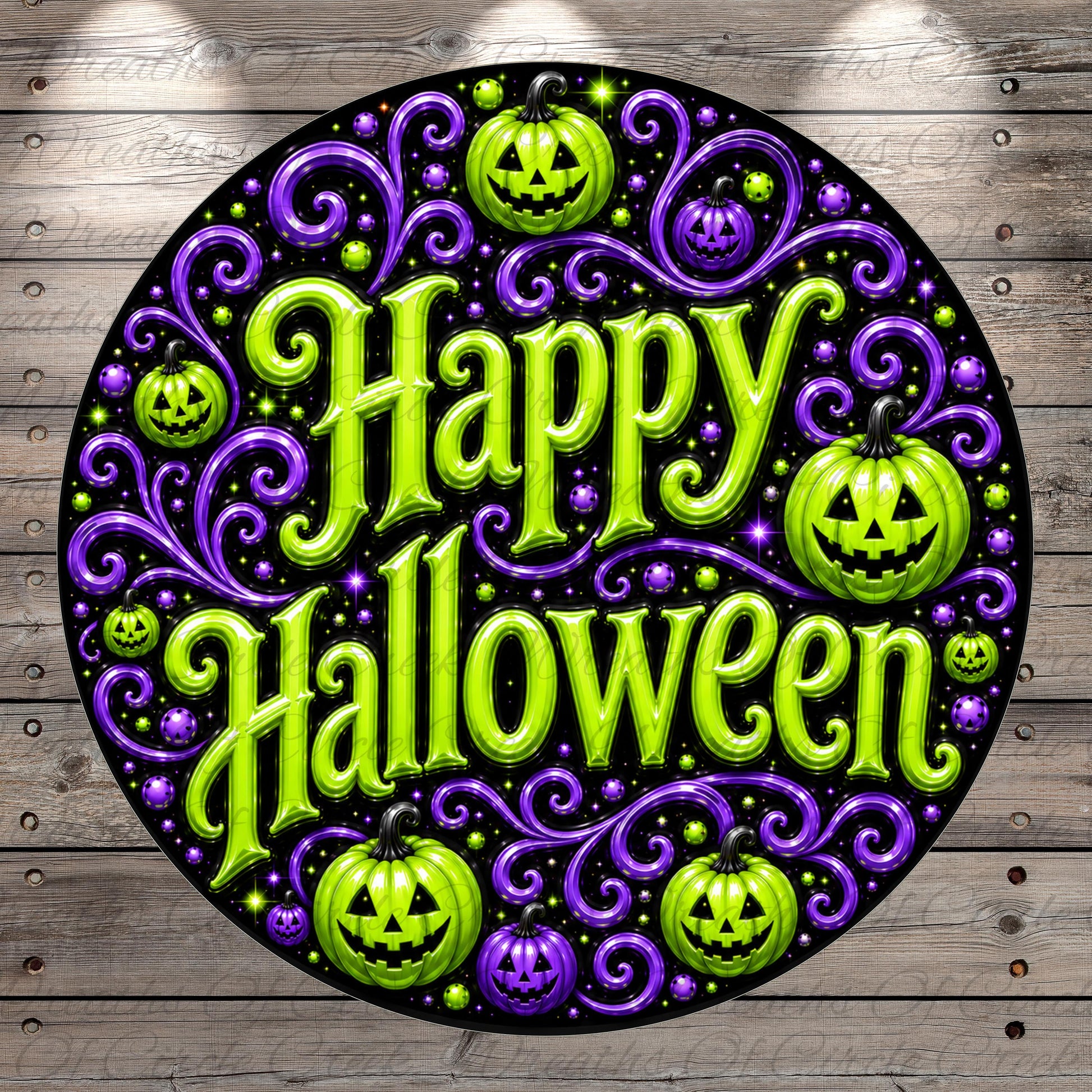 A circular graphic with the text "Happy Halloween" in a decorative font, surrounded by green pumpkins and purple swirls.