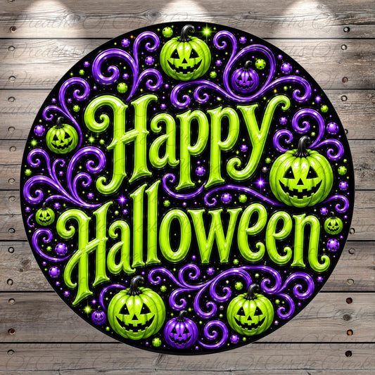 A circular graphic with the text "Happy Halloween" in a decorative font, surrounded by green pumpkins and purple swirls.