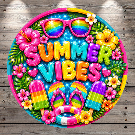 A vibrant and colorful illustration featuring the text "SUMMER VIBES" surrounded by various summer-themed objects such as sunglasses, flowers, and flip-flops, all set against a wooden background.