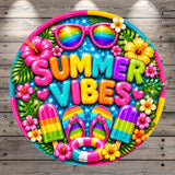 A vibrant and colorful illustration featuring the text "SUMMER VIBES" surrounded by various summer-themed objects such as sunglasses, flowers, and flip-flops, all set against a wooden background.