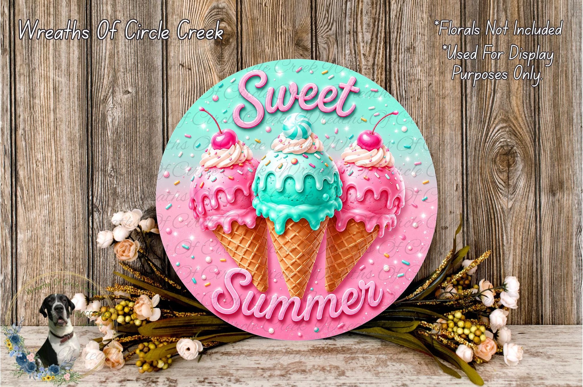 A decorative sign featuring three colorful ice cream cones with the words "Sweet Summer" written on it, surrounded by flowers and a wooden background.