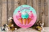 A decorative sign featuring three colorful ice cream cones with the words "Sweet Summer" written on it, surrounded by flowers and a wooden background.