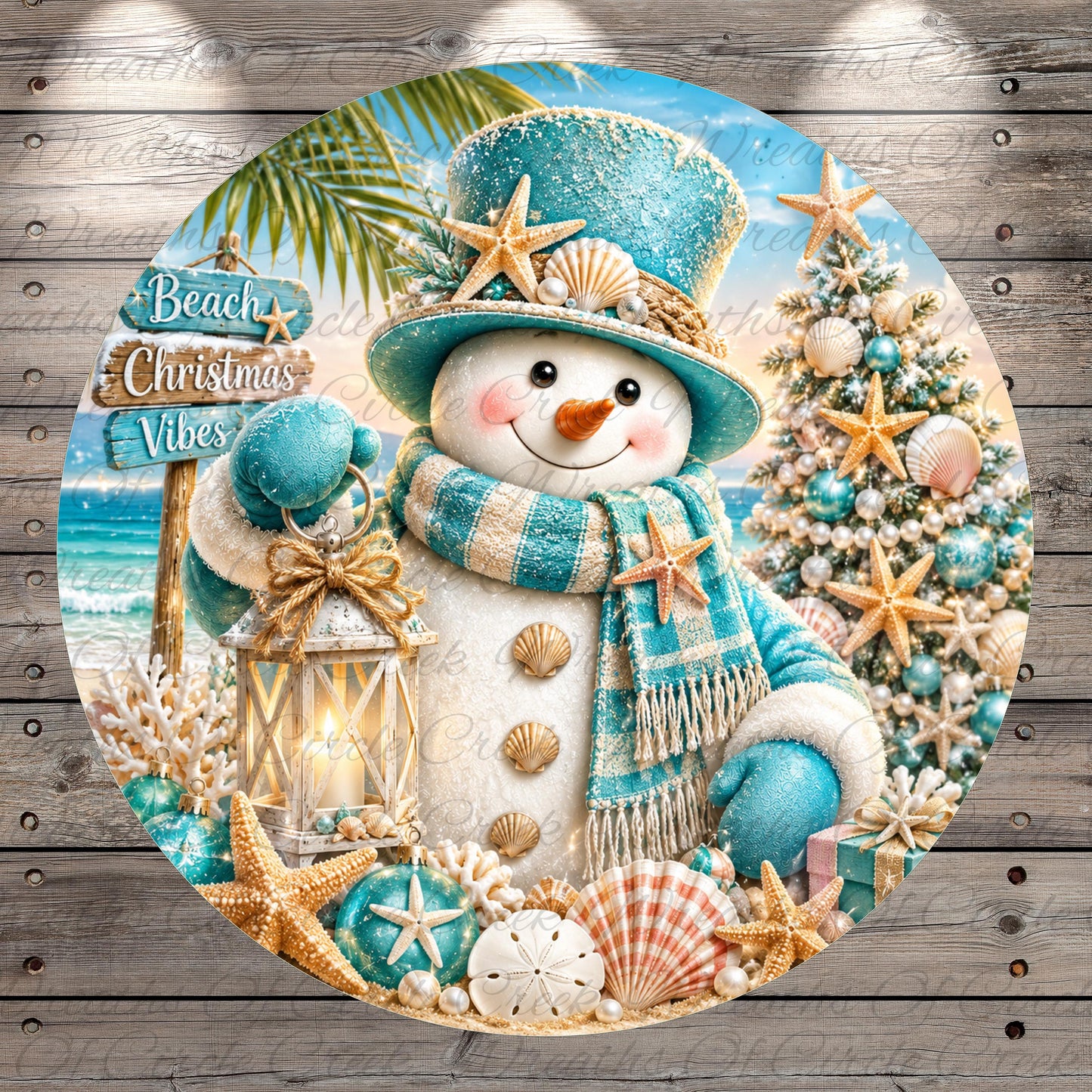 A snowman wearing a blue top hat and scarf, holding a lantern, surrounded by seashells, starfish, and a Christmas tree, with a beach sign in the background.