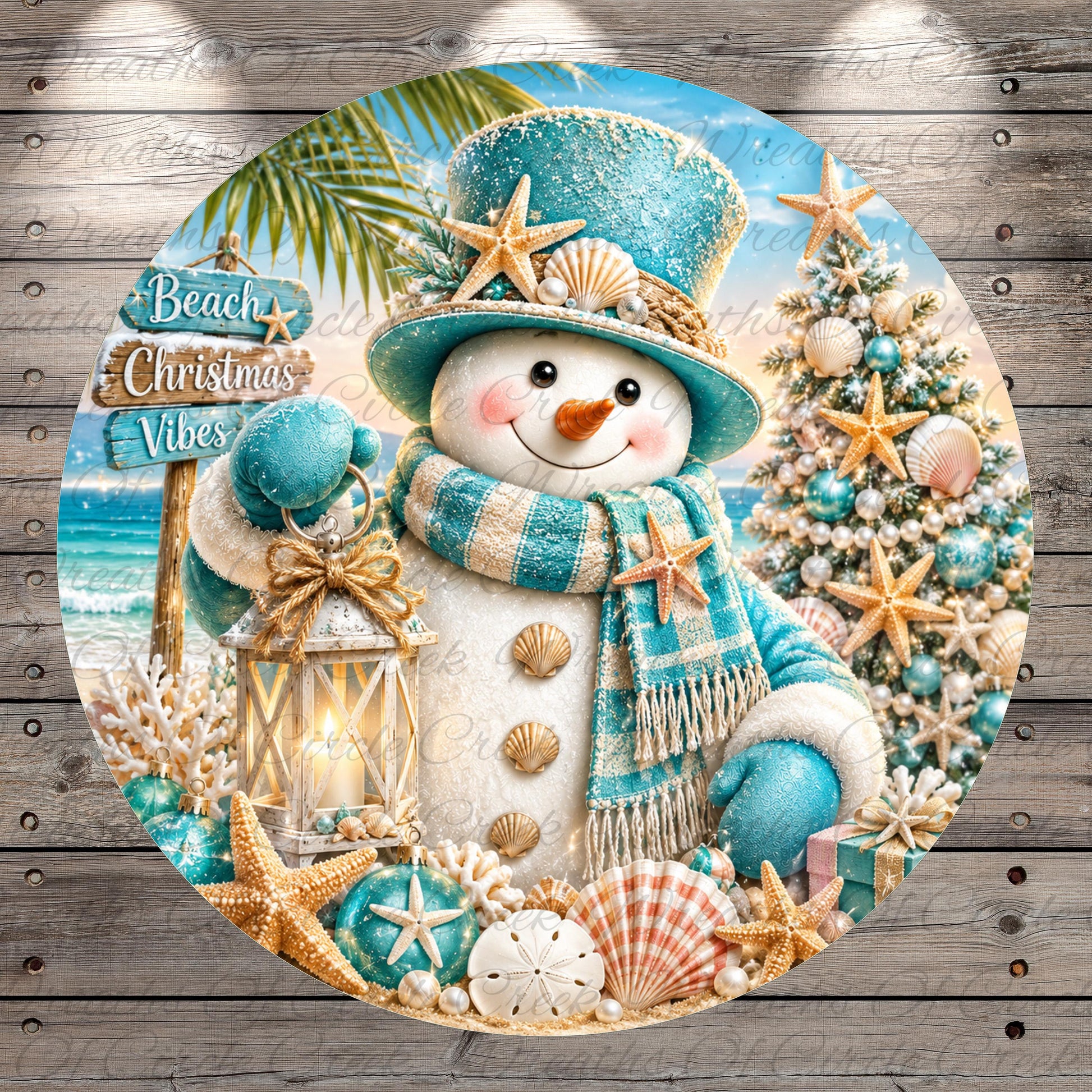 A snowman wearing a blue top hat and scarf, holding a lantern, surrounded by seashells, starfish, and a Christmas tree, with a beach sign in the background.