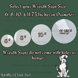 a picture of a dog with a sign that says, select your weather sign size