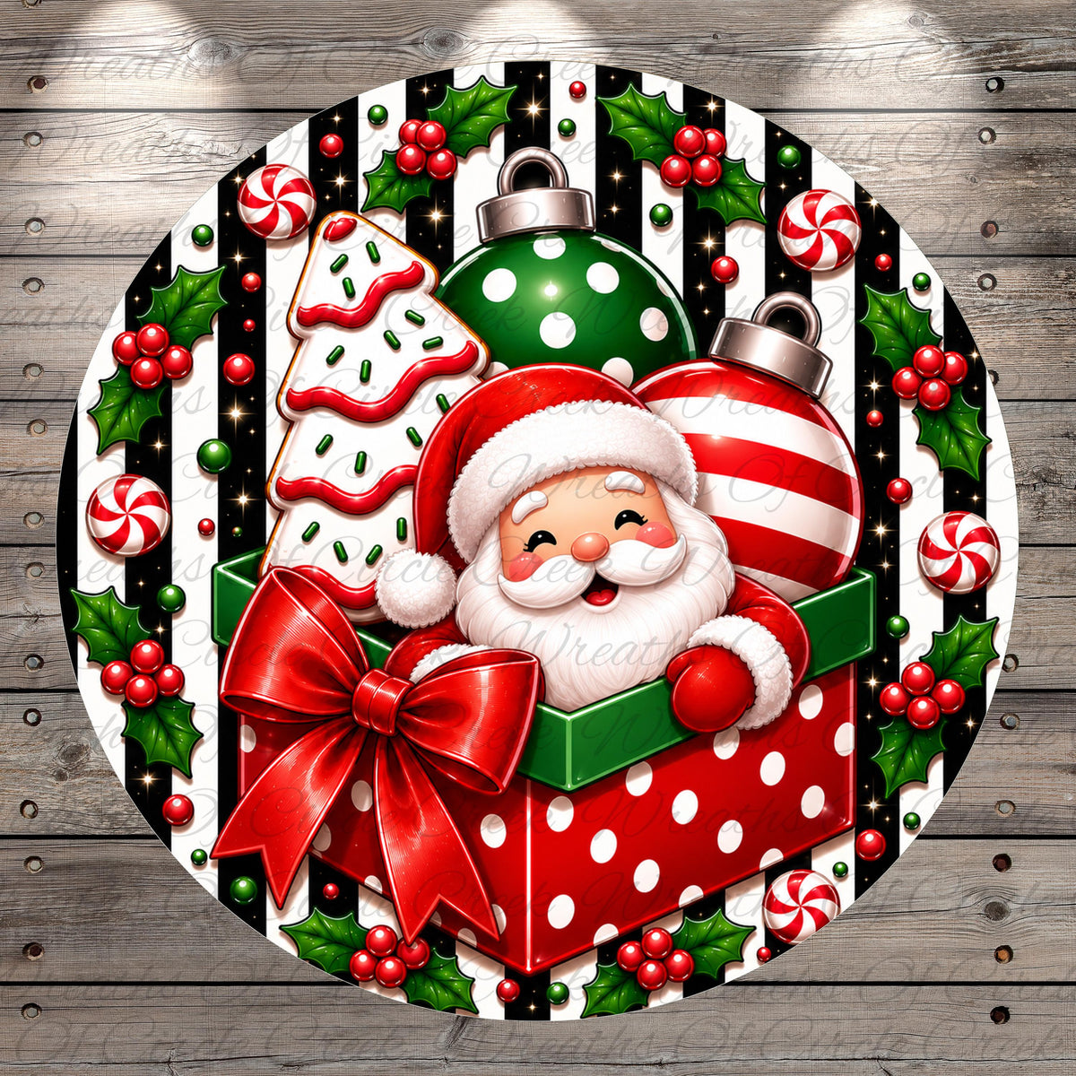 A festive Christmas scene featuring Santa Claus in a gift box surrounded by holiday decorations such as candy canes, red berries, and a Christmas tree.