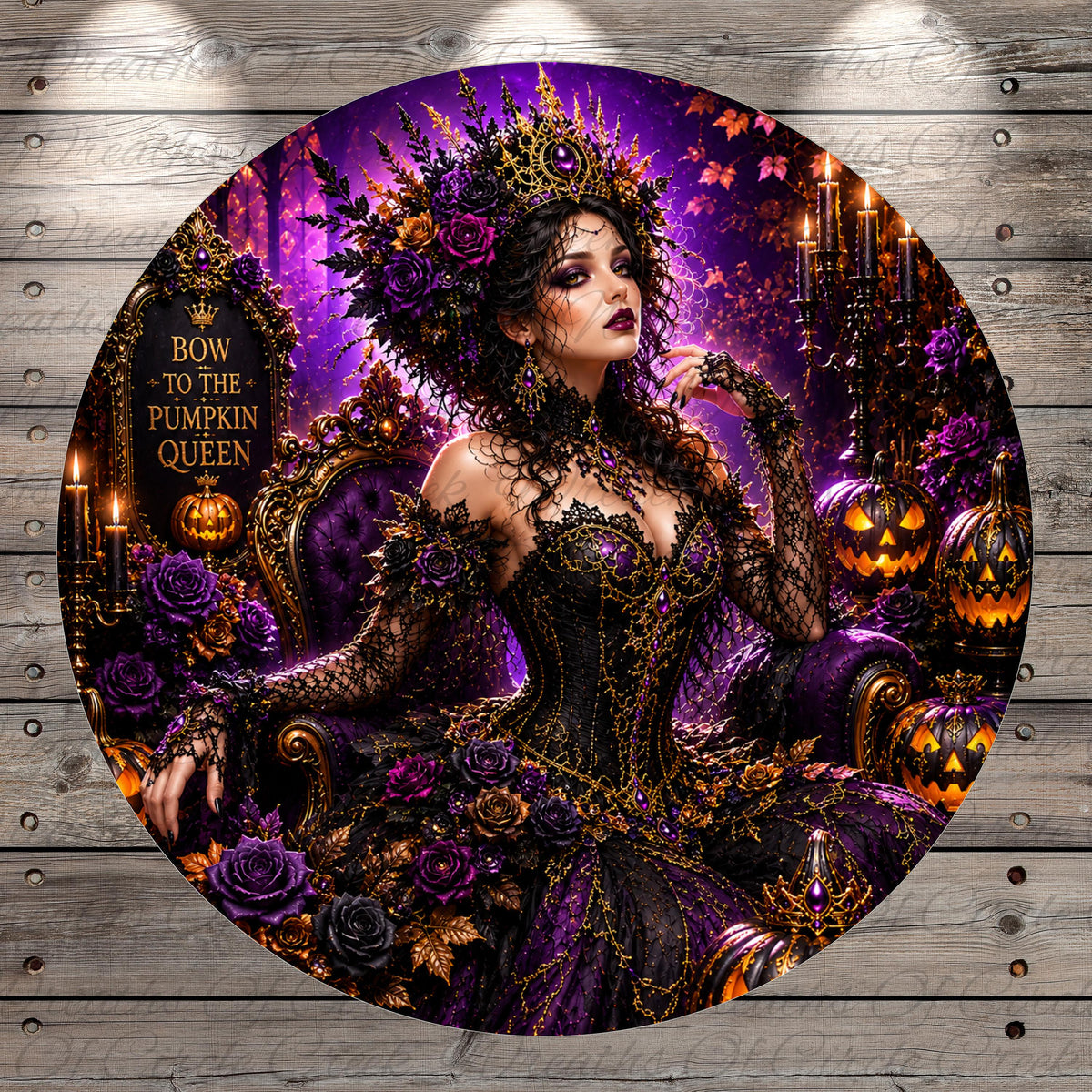 A woman in an elaborate, ornate costume with a crown and headdress, surrounded by pumpkins, flowers, and other Halloween-themed elements, creating a fantastical and magical atmosphere.