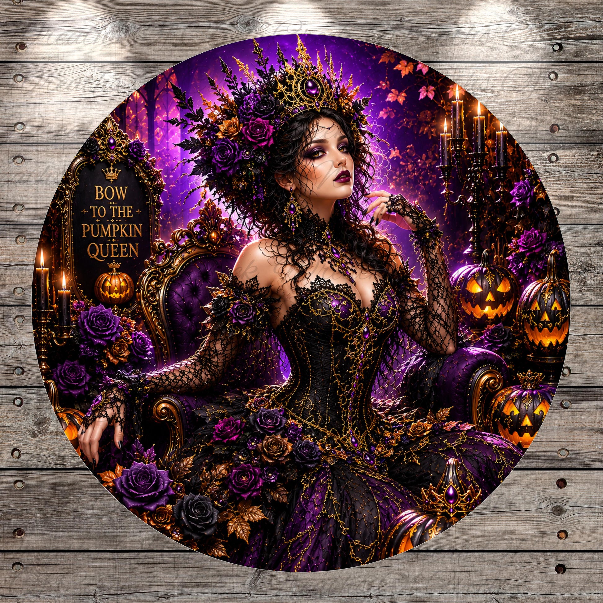 A woman in an elaborate, ornate costume with a crown and headdress, surrounded by pumpkins, flowers, and other Halloween-themed elements, creating a fantastical and magical atmosphere.