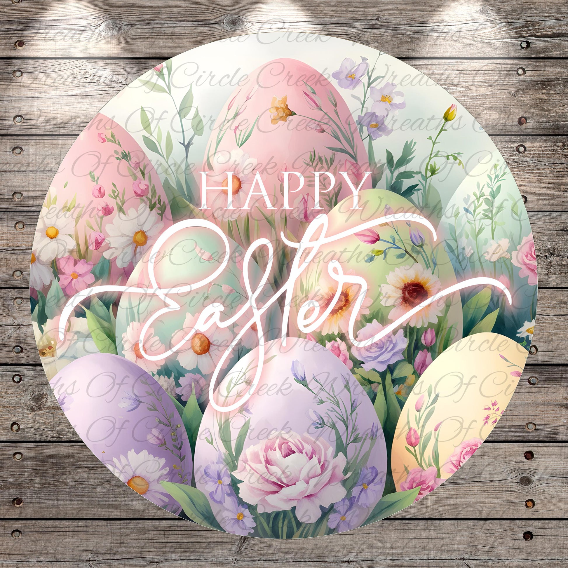 A circular arrangement of colorful Easter eggs, flowers, and greenery, with the text "Happy Easter" prominently displayed in the center.