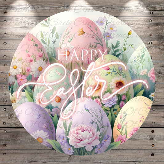 A circular arrangement of colorful Easter eggs, flowers, and greenery, with the text "Happy Easter" prominently displayed in the center.