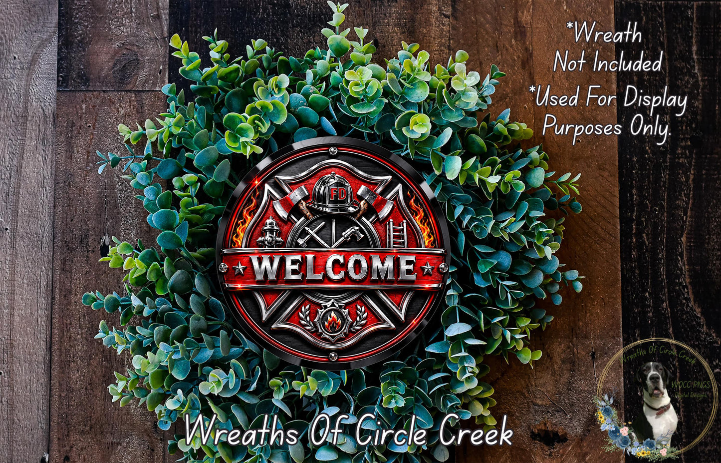 a wreath with a firefighter's helmet and the word "WELCOME" prominently displayed in the center. The wreath is surrounded by a lush green plant, creating a festive and welcoming atmosphere.