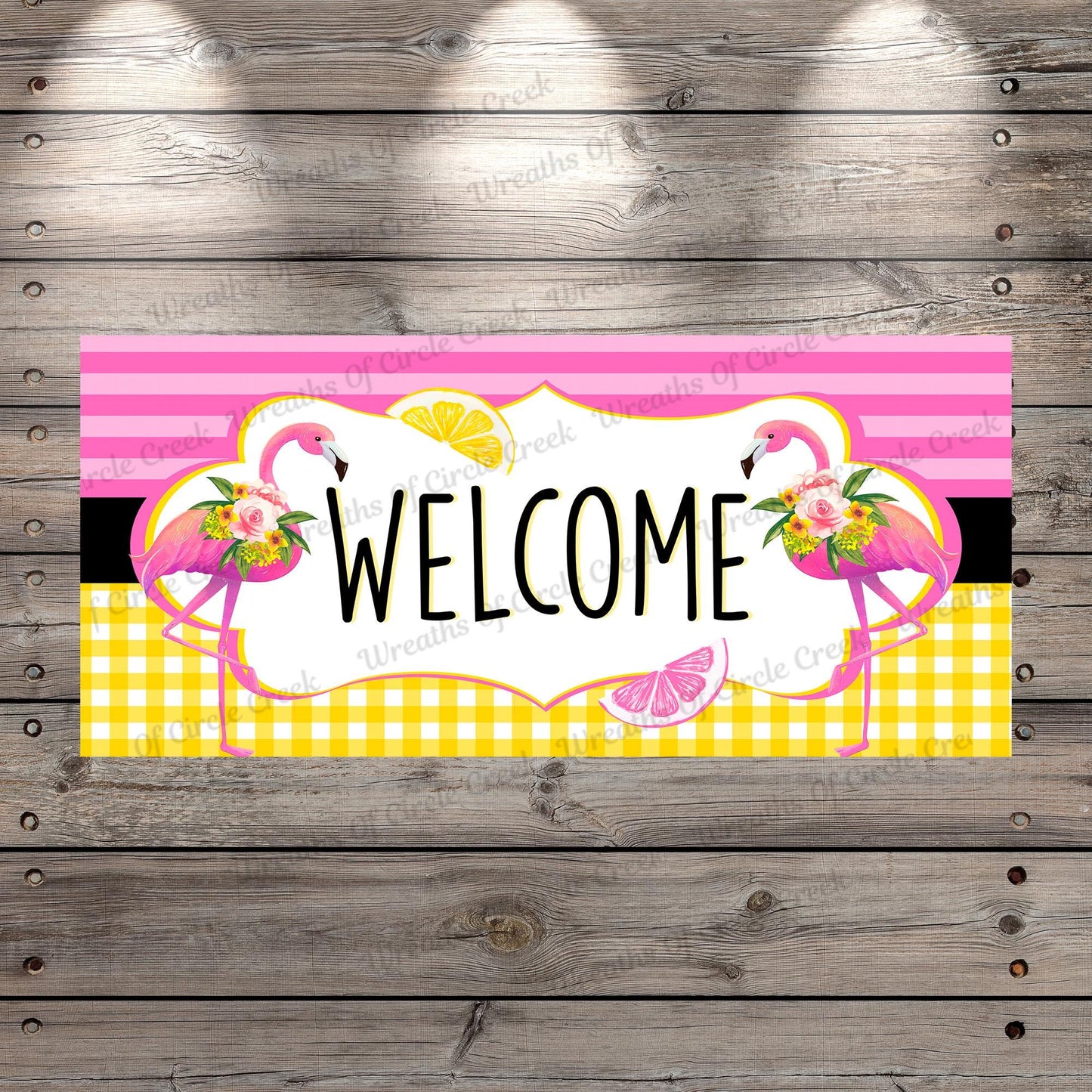 Welcome Flamingo Wreath | 6" x 12" | Lightweight Metal Wreath Sign | Tropical Lemon Decor | No Holes in Sign