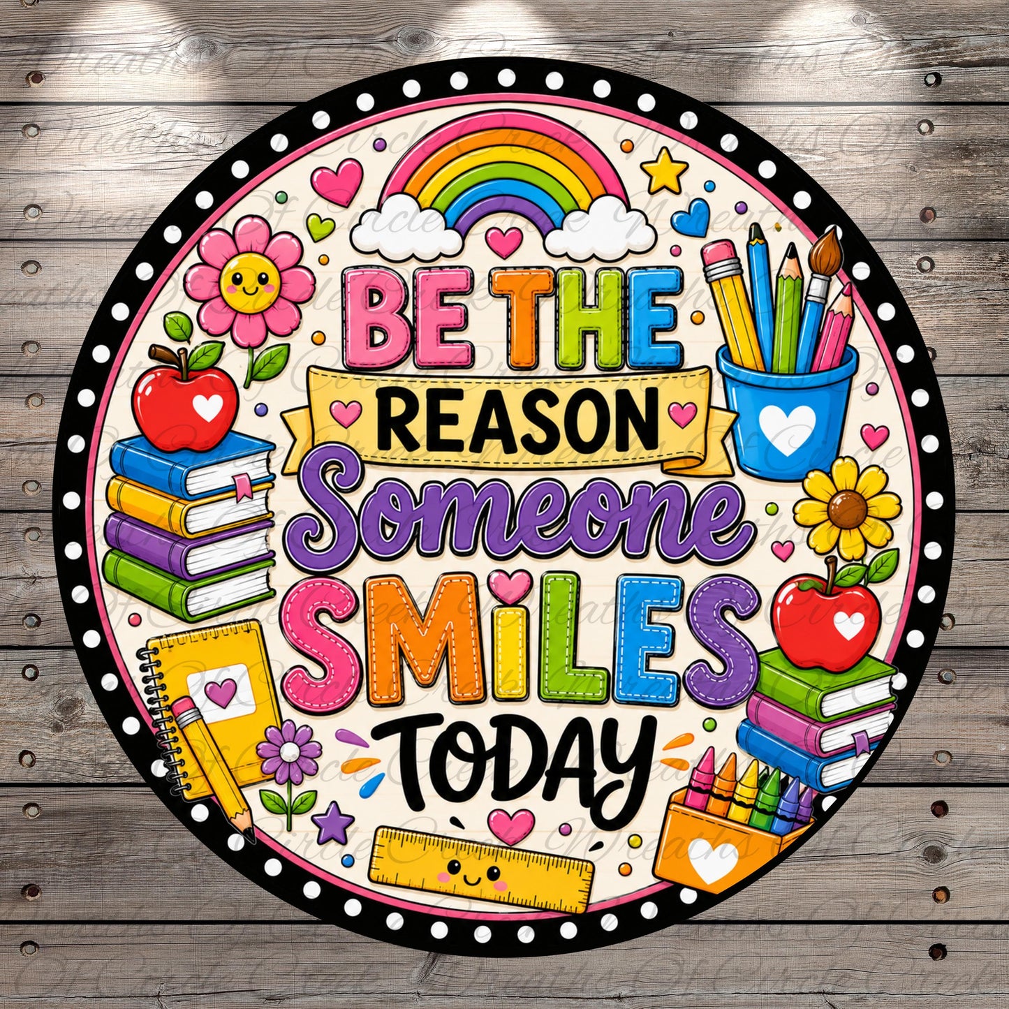 The image is a colorful and cheerful poster with a message encouraging people to "Be the reason someone smiles today". The poster is surrounded by various school-related items such as books, pencils, and a ruler, creating a playful and educational atmosphere.
