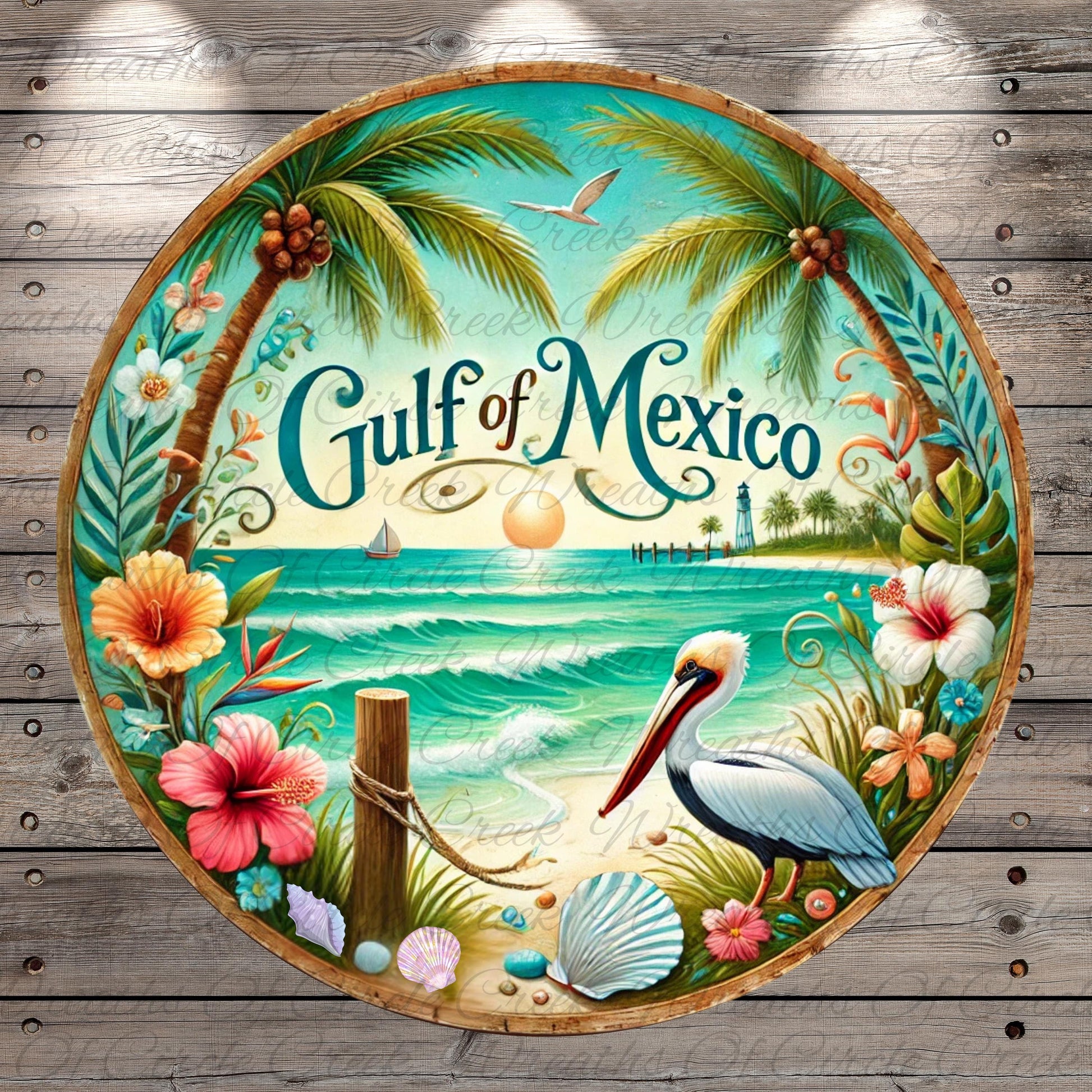 A circular plate with a tropical beach scene, featuring palm trees, a bird, flowers, and a lighthouse. The text "Gulf of Mexico" is prominently displayed in the center of the plate.