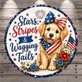A cheerful golden retriever wearing a patriotic bow tie and surrounded by flowers and stars, with the text "Stars, Stripes & Wagging Tails" against a patriotic background.