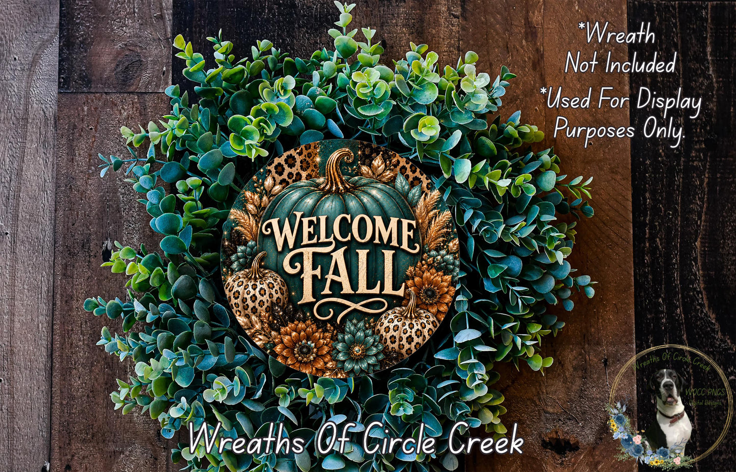 a wreath made of various green and brown foliage, including a large pumpkin and other fall-themed elements, with the text "Welcome Fall" prominently displayed in the center.