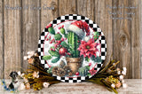 A decorative wreath featuring a cactus plant with a Santa hat, surrounded by various flowers and pine cones, placed on a wooden surface.