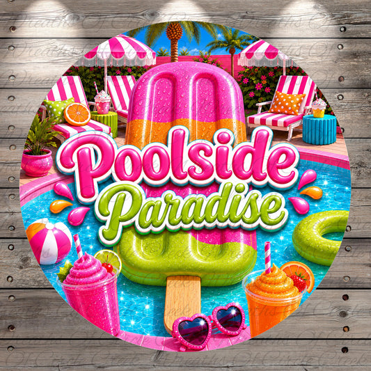 A vibrant and colorful illustration of a poolside scene, featuring a large, whimsical ice cream cone as the central focus. The background is filled with various summer-themed elements, such as beach chairs, umbrellas, and other pool accessories, creating a lively and playful atmosphere.