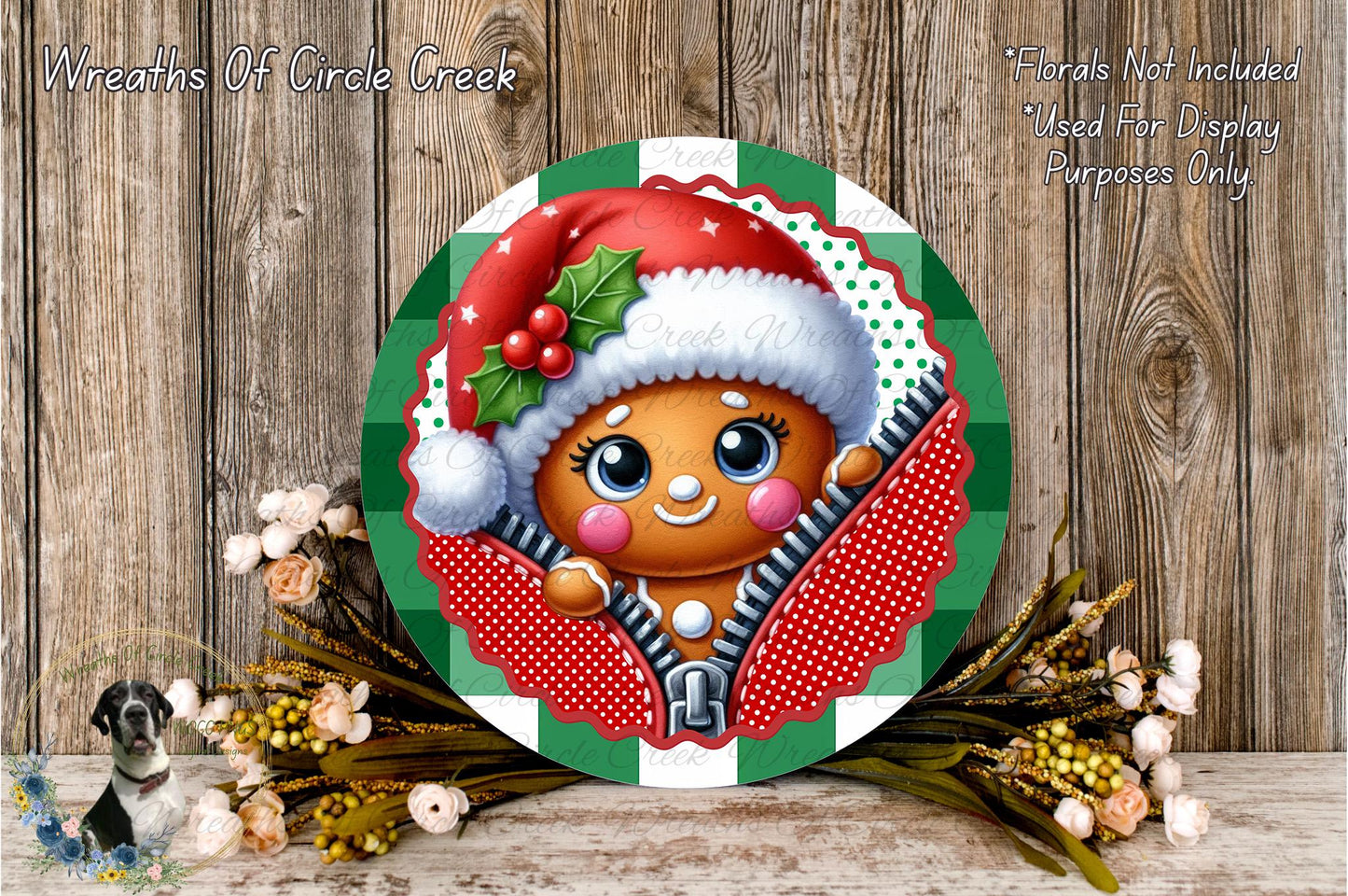 A festive wreath featuring a gingerbread man wearing a Santa hat, surrounded by flowers and a wooden background.