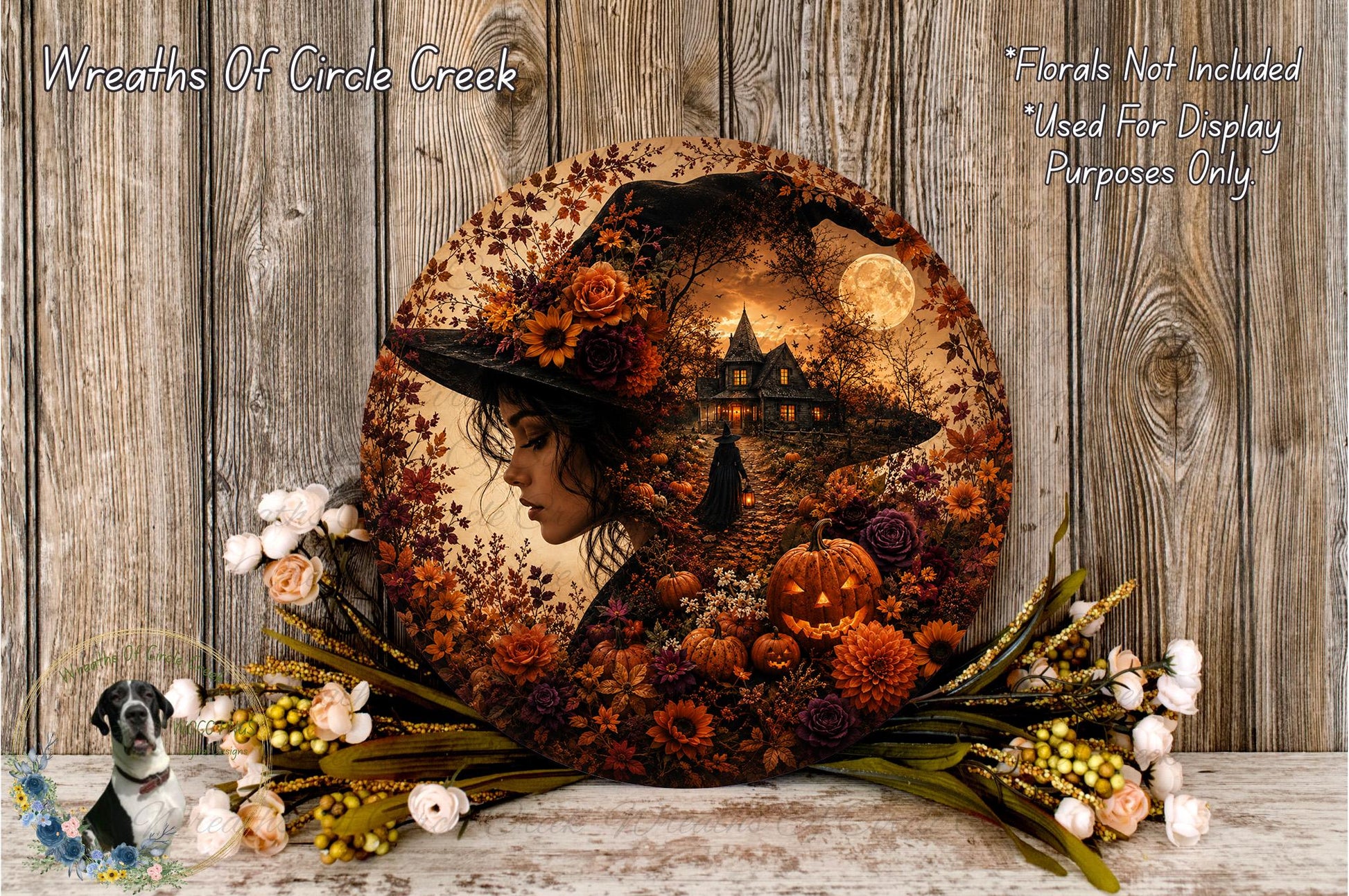 a round wreath with a woman's profile and a nighttime landscape scene, surrounded by various fall-themed elements such as pumpkins, flowers, and leaves.