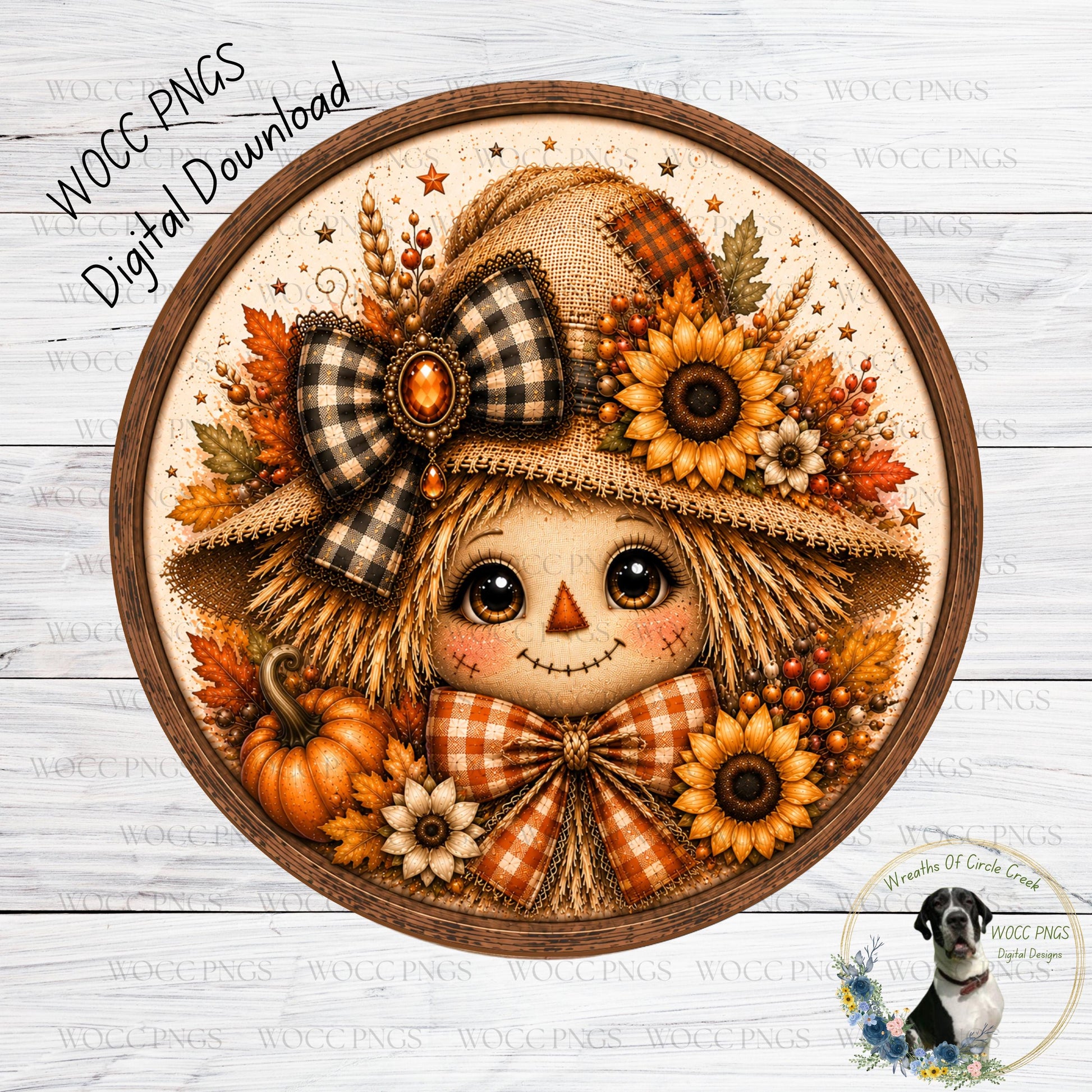 The image is a digital print featuring a whimsical illustration of a scarecrow with a bow, surrounded by autumn-themed elements such as sunflowers, pumpkins, and leaves.