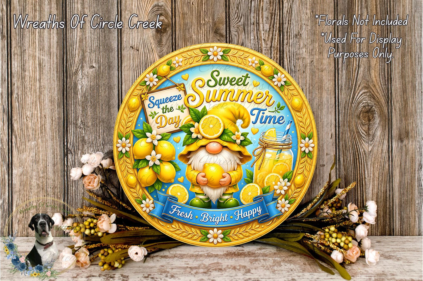 A decorative plate with a gnome holding a lemon, surrounded by flowers and a banner that says "Sweet Summer Time".