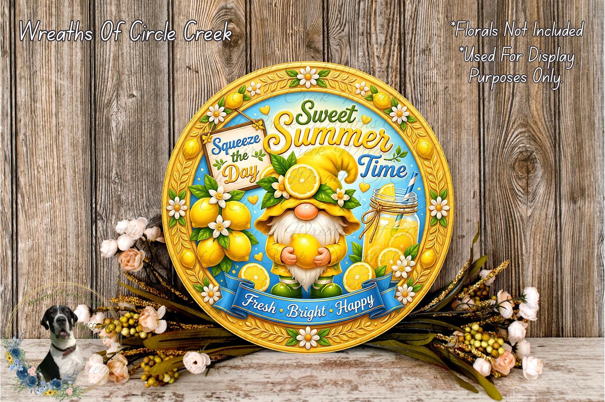 A decorative plate with a gnome holding a lemon, surrounded by flowers and a banner that says "Sweet Summer Time".