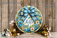 Rustic Hello Spring Wreath, Blue Floral Door Decoration, Farmhouse Home Decor
