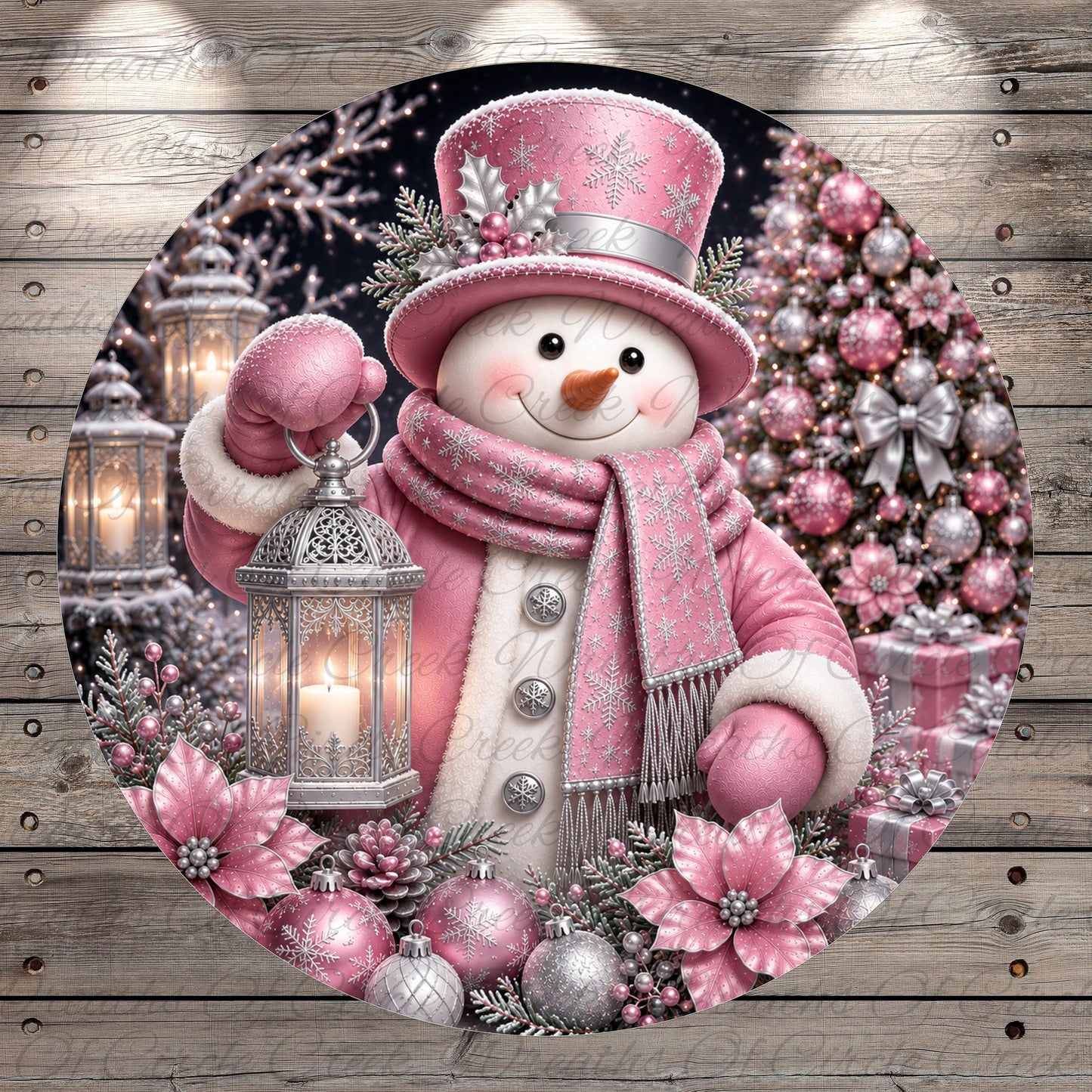 A whimsical snowman figure, adorned with a pink hat, scarf, and coat, stands amidst a festive winter scene. The snowman holds a lantern and is surrounded by pink flowers and ornaments, creating a charming and enchanting atmosphere.