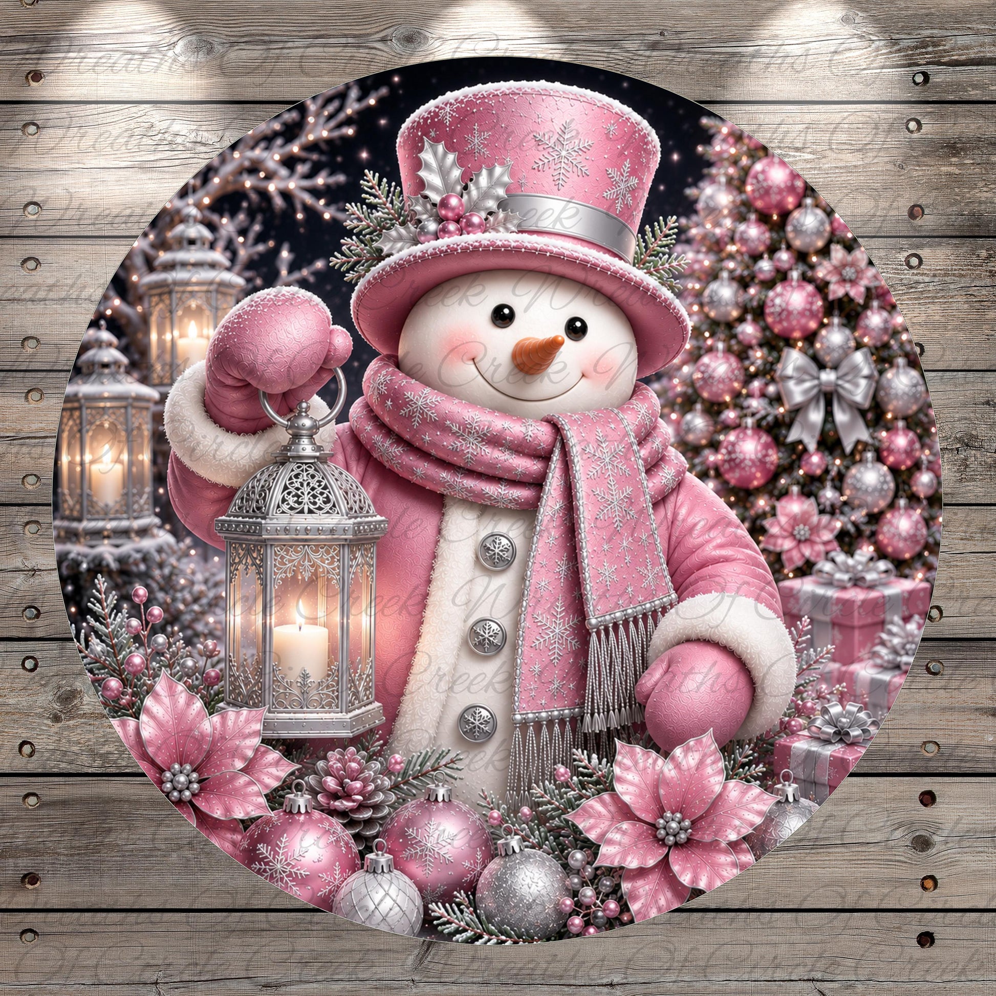 A whimsical snowman figure, adorned with a pink hat, scarf, and coat, stands amidst a festive winter scene. The snowman holds a lantern and is surrounded by pink flowers and ornaments, creating a charming and enchanting atmosphere.