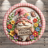 A decorative gnome holding a sign that says "Welcome Friends" surrounded by colorful flowers and leaves.