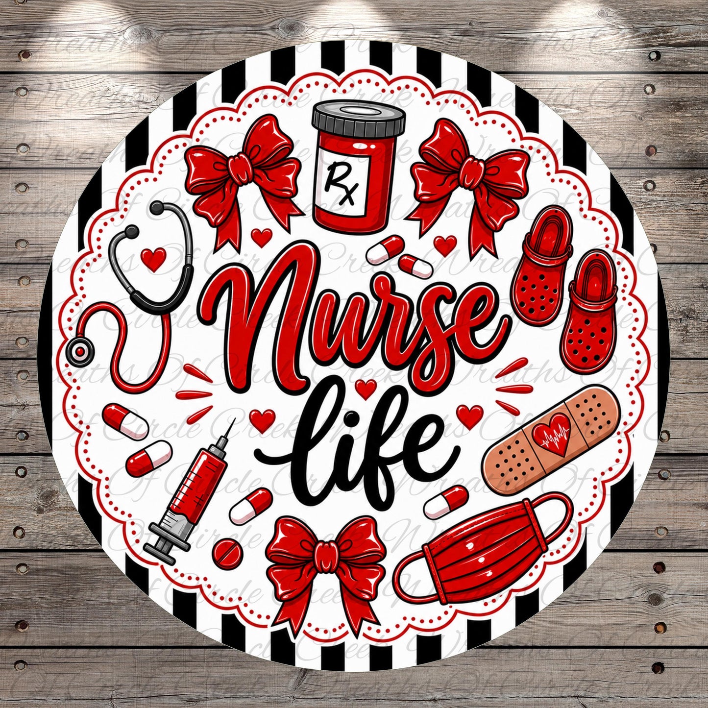 The image is a decorative round design featuring various medical and nursing-related items, including a stethoscope, pills, a bandage, and a mask, all surrounded by the text "Nurse life".