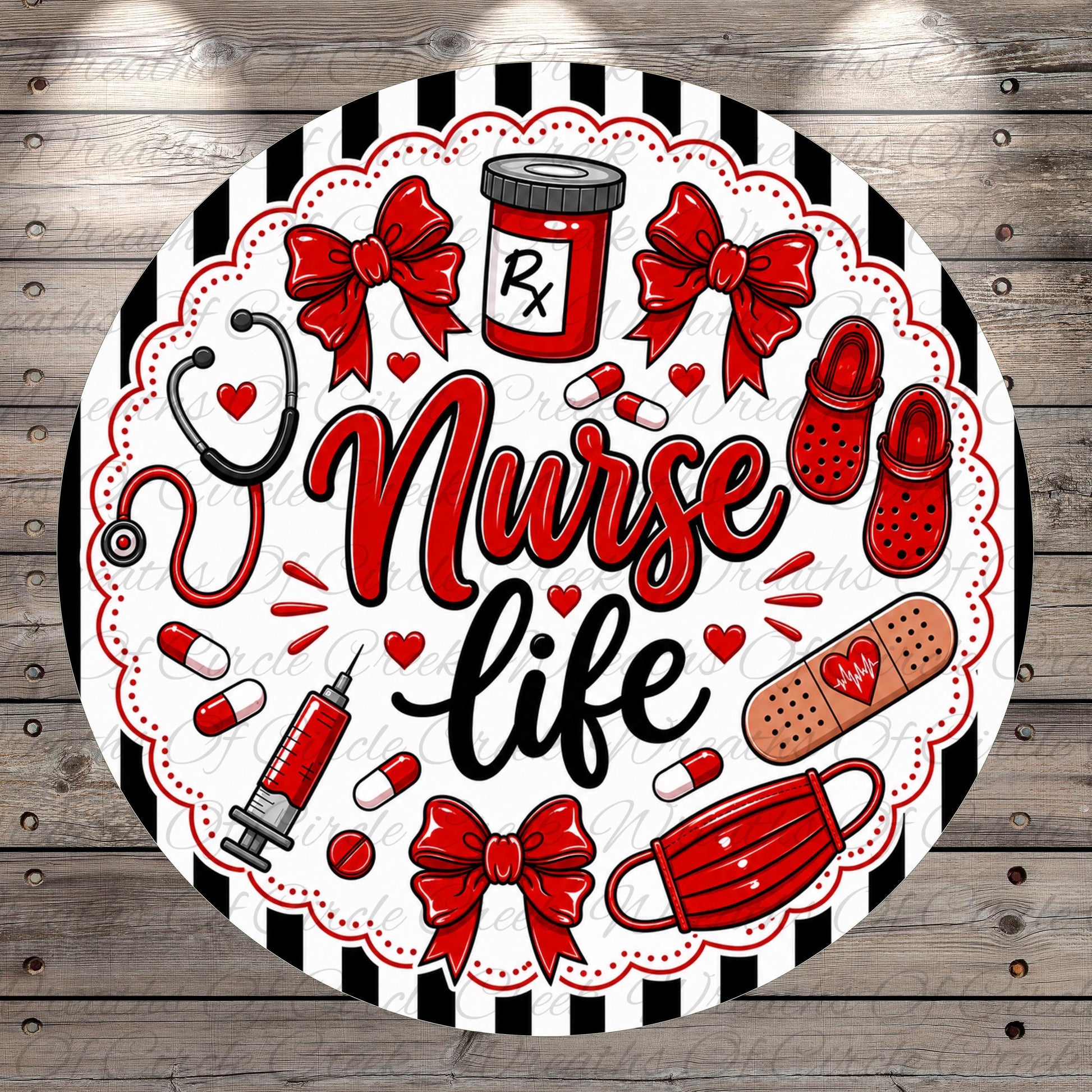 The image is a decorative round design featuring various medical and nursing-related items, including a stethoscope, pills, a bandage, and a mask, all surrounded by the text "Nurse life".