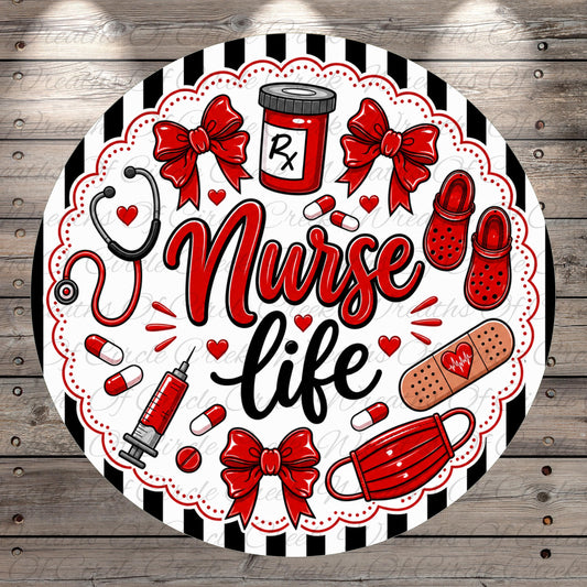 The image is a decorative round design featuring various medical and nursing-related items, including a stethoscope, pills, a bandage, and a mask, all surrounded by the text "Nurse life".
