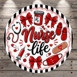 The image is a decorative round design featuring various medical and nursing-related items, including a stethoscope, pills, a bandage, and a mask, all surrounded by the text "Nurse life".