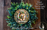 A wreath made of green leaves and a golden retriever dog wearing a green hat and holding a clover.