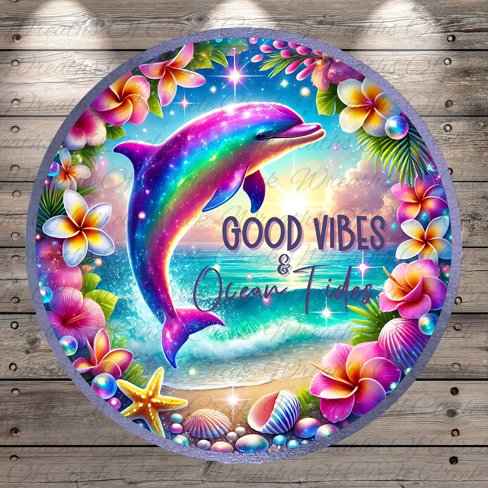 A colorful, circular design featuring a dolphin surrounded by tropical flowers, seashells, and starfish, with the text "GOOD VIBES & Ocean Tides" displayed prominently.