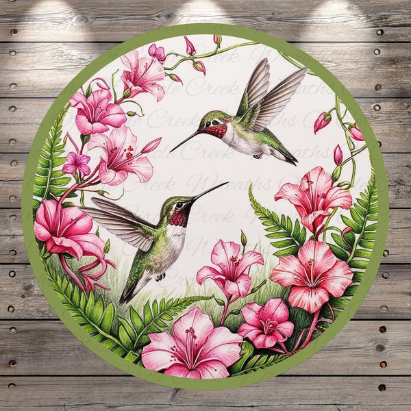 a painting of two hummingbirds flying over pink flowers