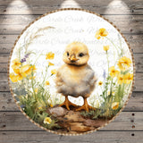 A small, fluffy chick is standing on a rock amidst a field of yellow flowers, with a wooden fence in the background.