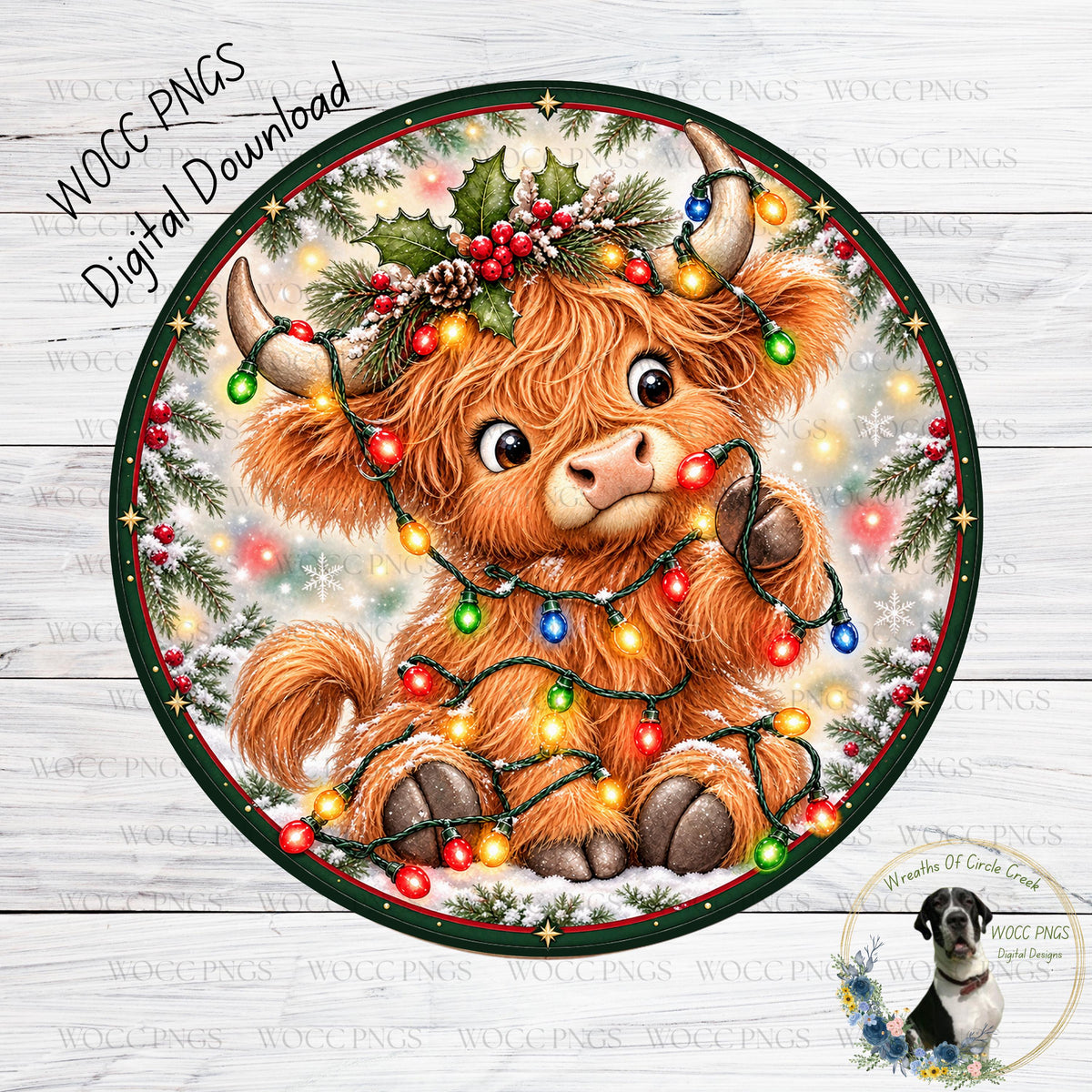 A digital illustration of a brown cow with long horns, adorned with Christmas lights and surrounded by festive decorations such as holly, berries, and snowflakes.