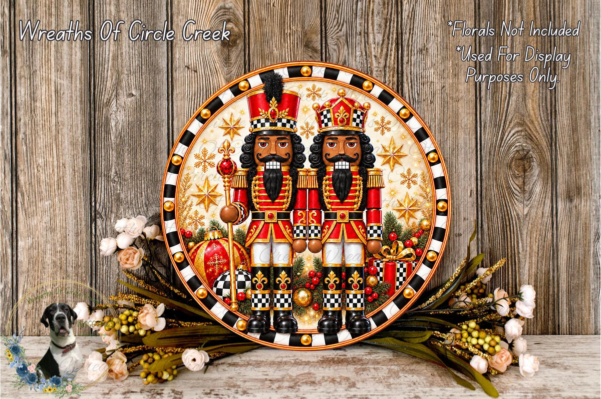 A decorative plate featuring two nutcracker men, surrounded by a floral arrangement and a wooden background.