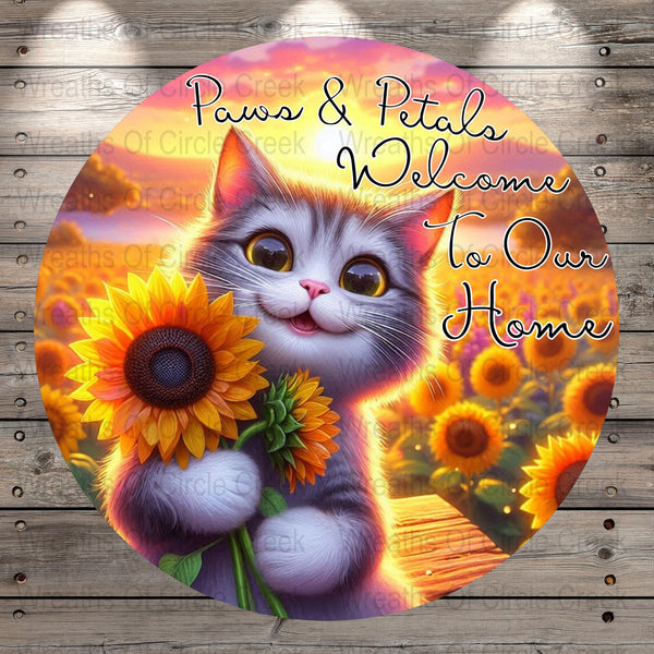 Cute Cat Welcome Sign, Sunflower Paws and Petals, Round Home Decor Wall Art