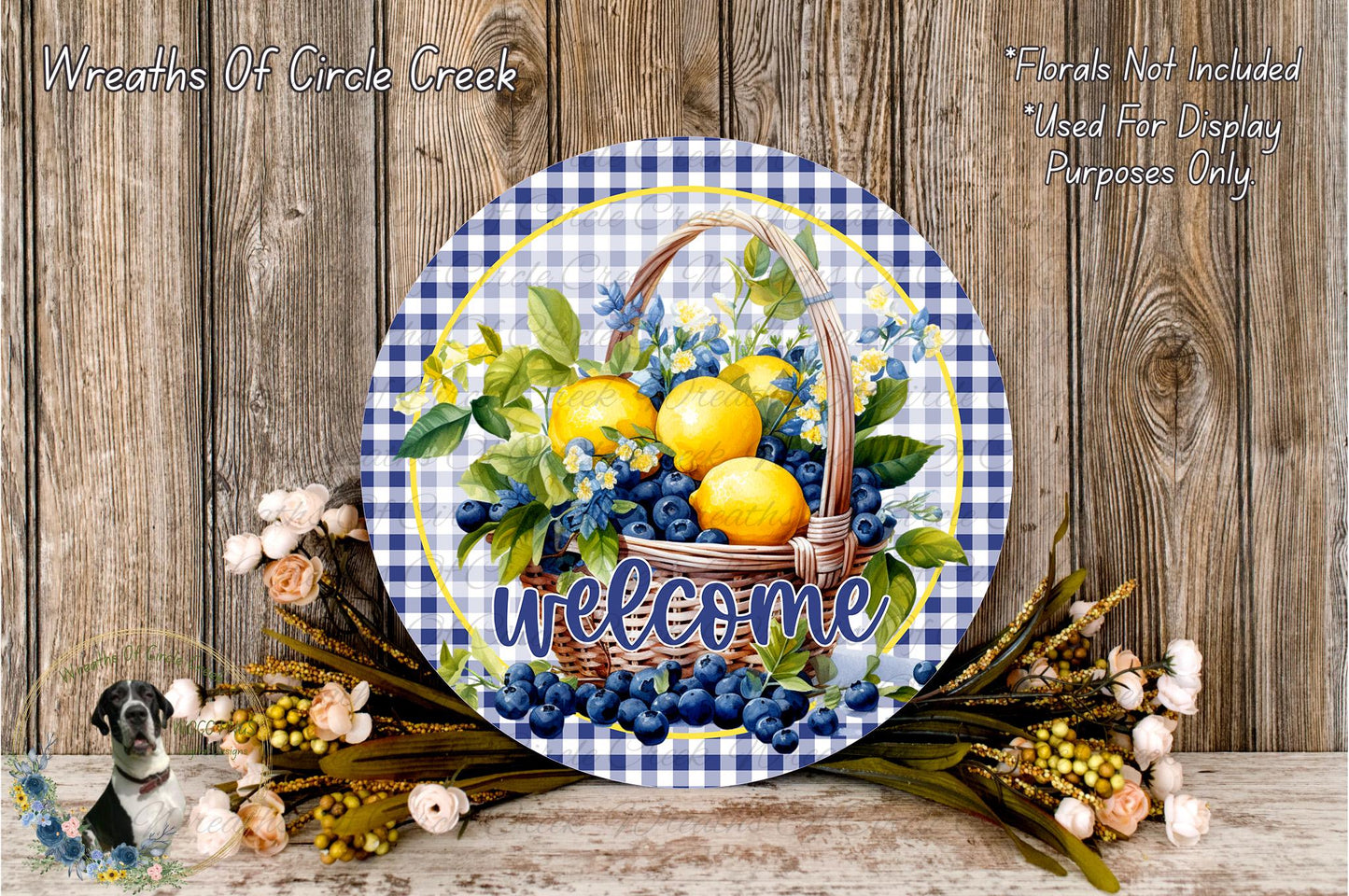 Welcome Lemon Blueberry Basket Sign | Lightweight Round Metal Wreath Sign | No Holes in Sign | Farmhouse Porch Decor